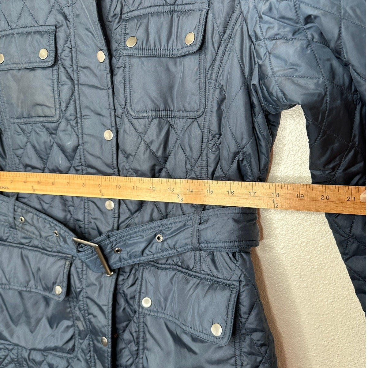 Banana Republic Navy Diamond Quilted Zip Belted Mock Neck Jacket L