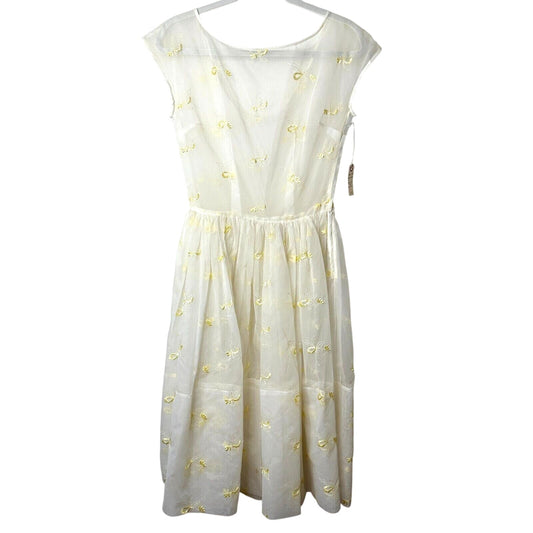 VINTAGE Sheer 50s Pale Lemon Yellow Floral Design Embroidered Sleeveless Dress
