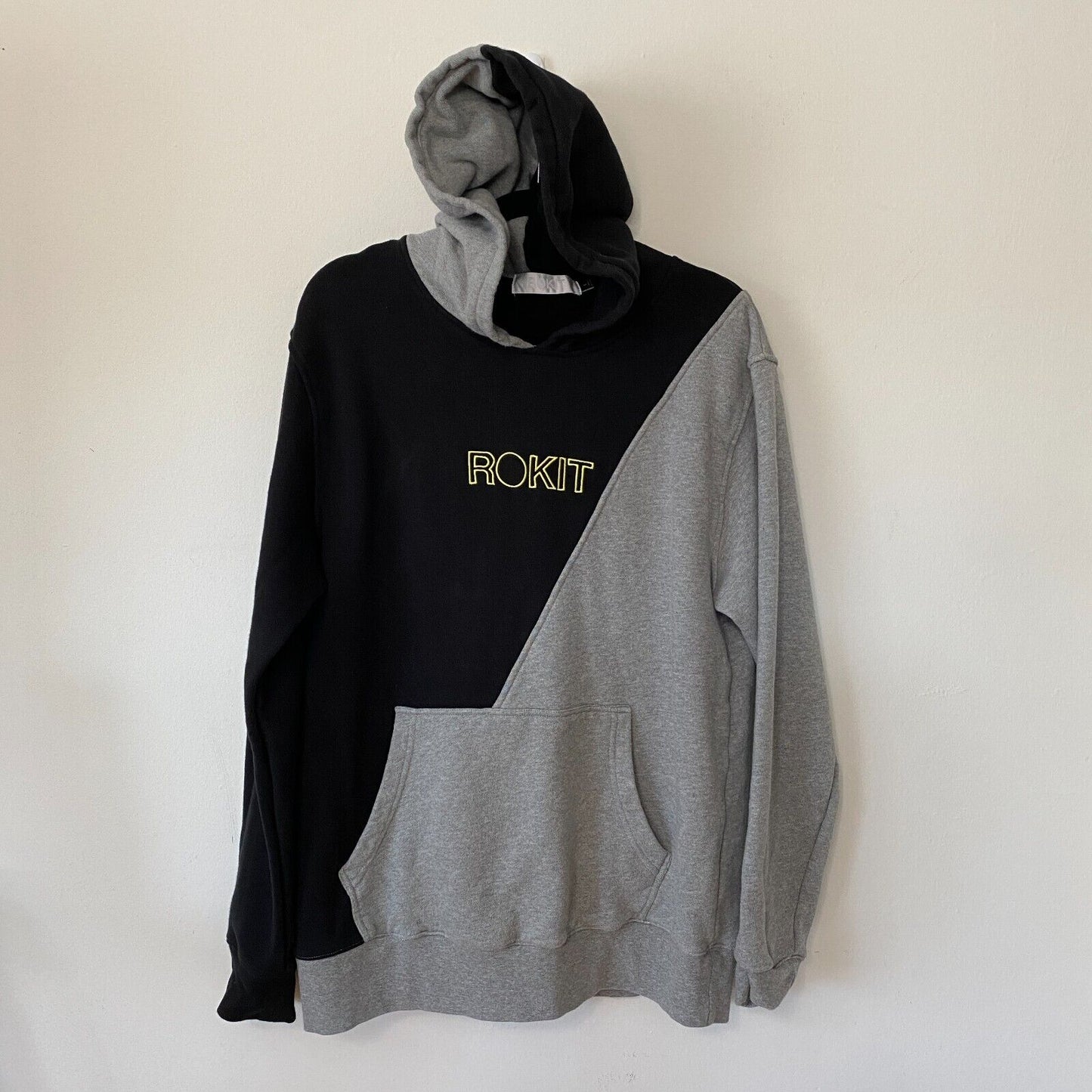 Rokit Split Cotton French Terry Hoodie Black Gray & Yellow Logo Sweatshirt L
