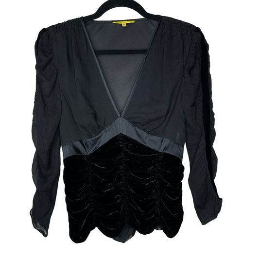 Catherine Malandrino Black Deep-V Gauze Satin Velvet Ruched 3/4 Sleeve Blouse S