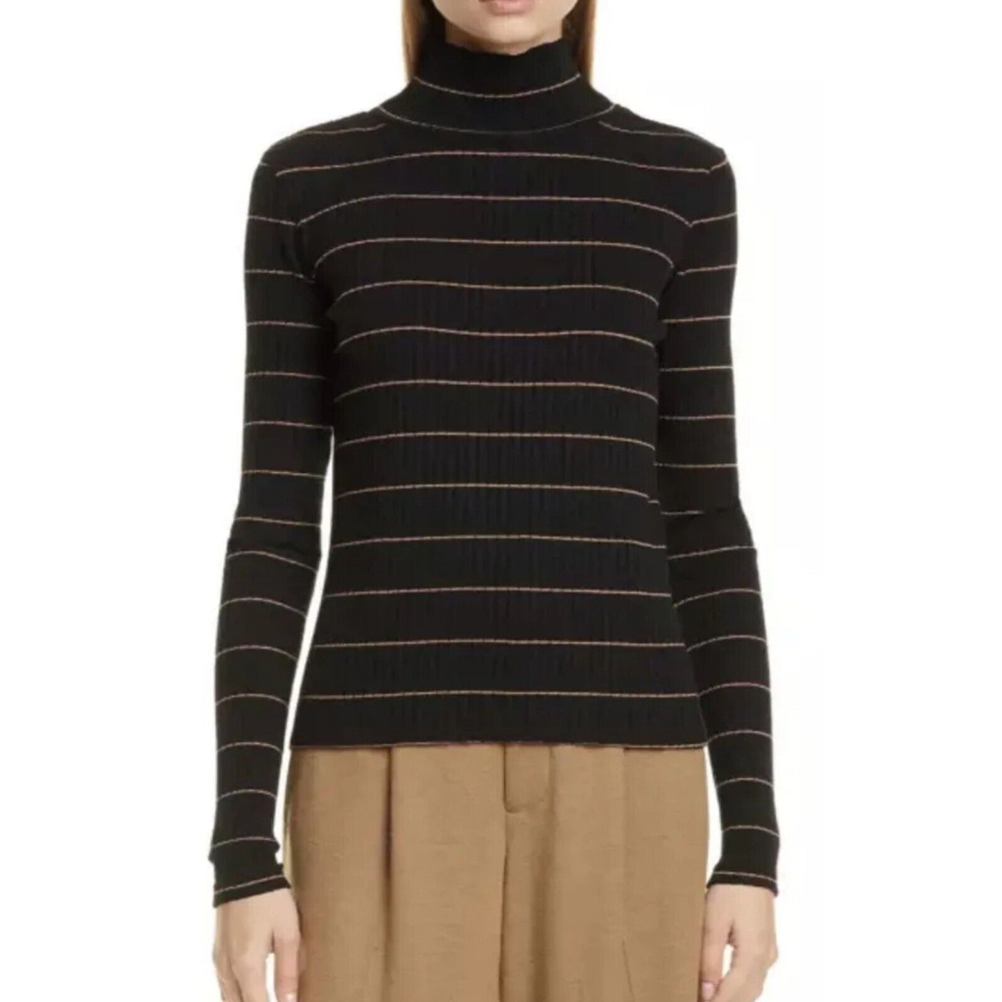 Vince Casual Black With Tan Stripe Ribbed Knit Turtleneck Long Sleeve Sweater XS