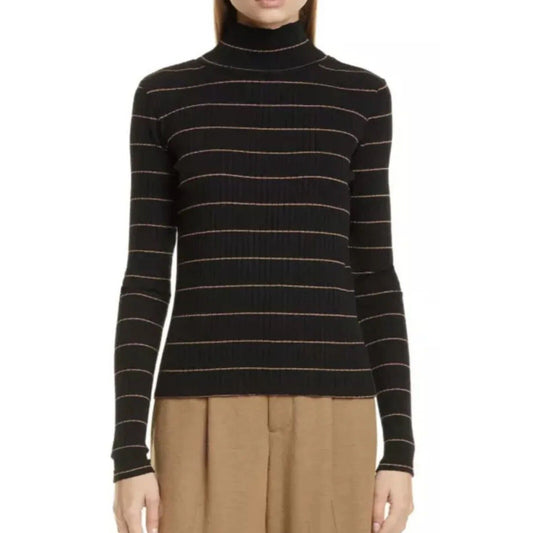 Vince Casual Black With Tan Stripe Ribbed Knit Turtleneck Long Sleeve Sweater XS