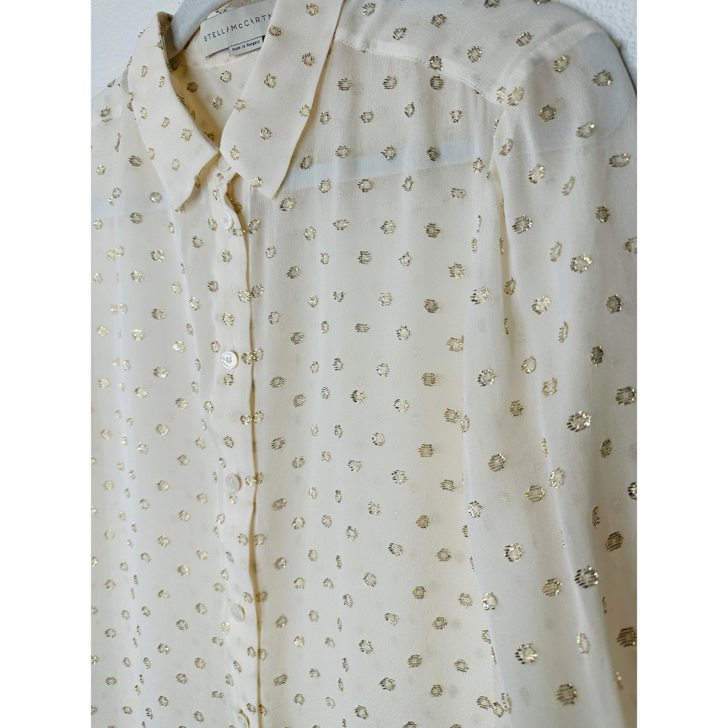 Stella McCartney Sheer Cream Gold Metallic Polka Dot Button Sheer Blouse 44 / L