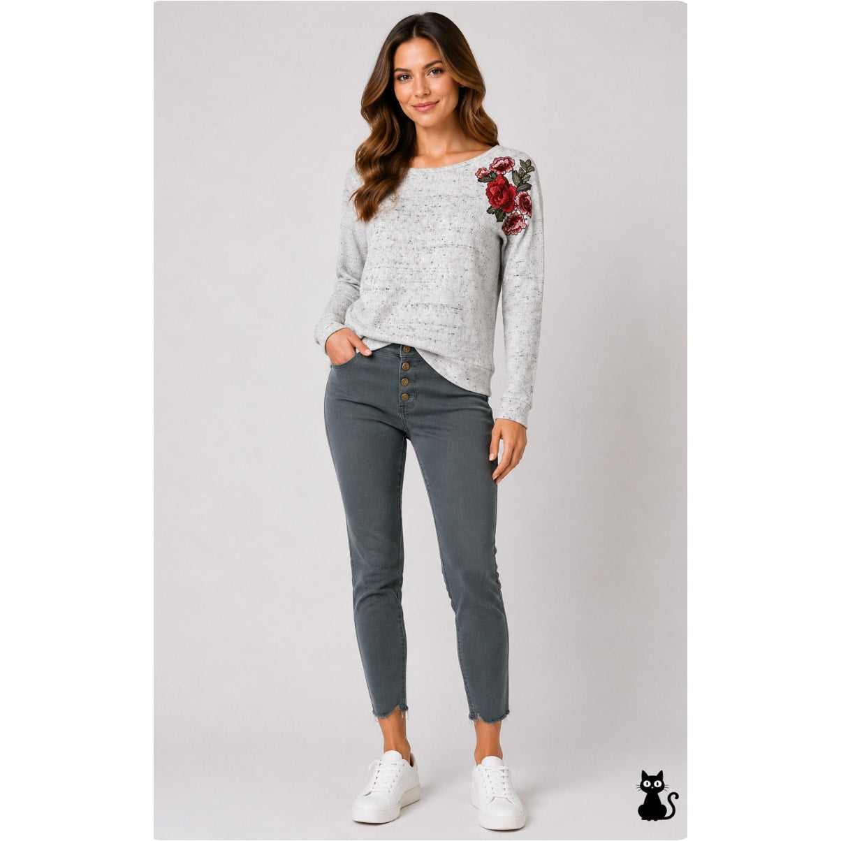 Peyton Jensen White-Gray Heathered Embroidered Rose Shoulder Sweater XS