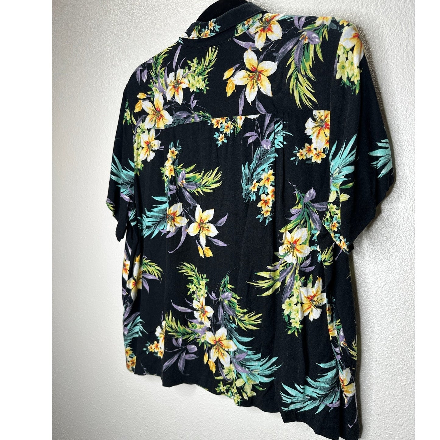 Lovestitch Black Teal Yellow Multi Color Short Sleeve Collared Button Hawaiian Shirt L