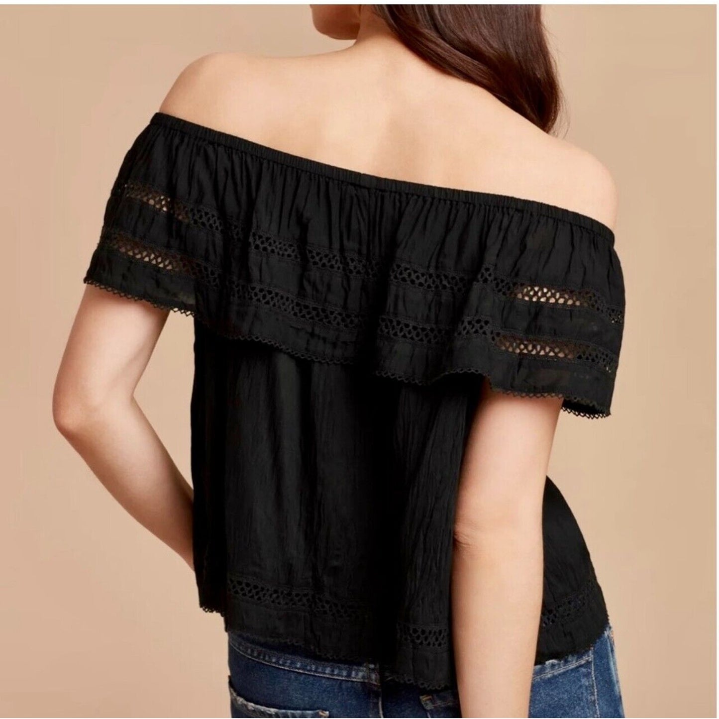 Aritzia Wilfred Hollande Black Off Shoulder Crochet Ruffle Crop Boho Blouse XS