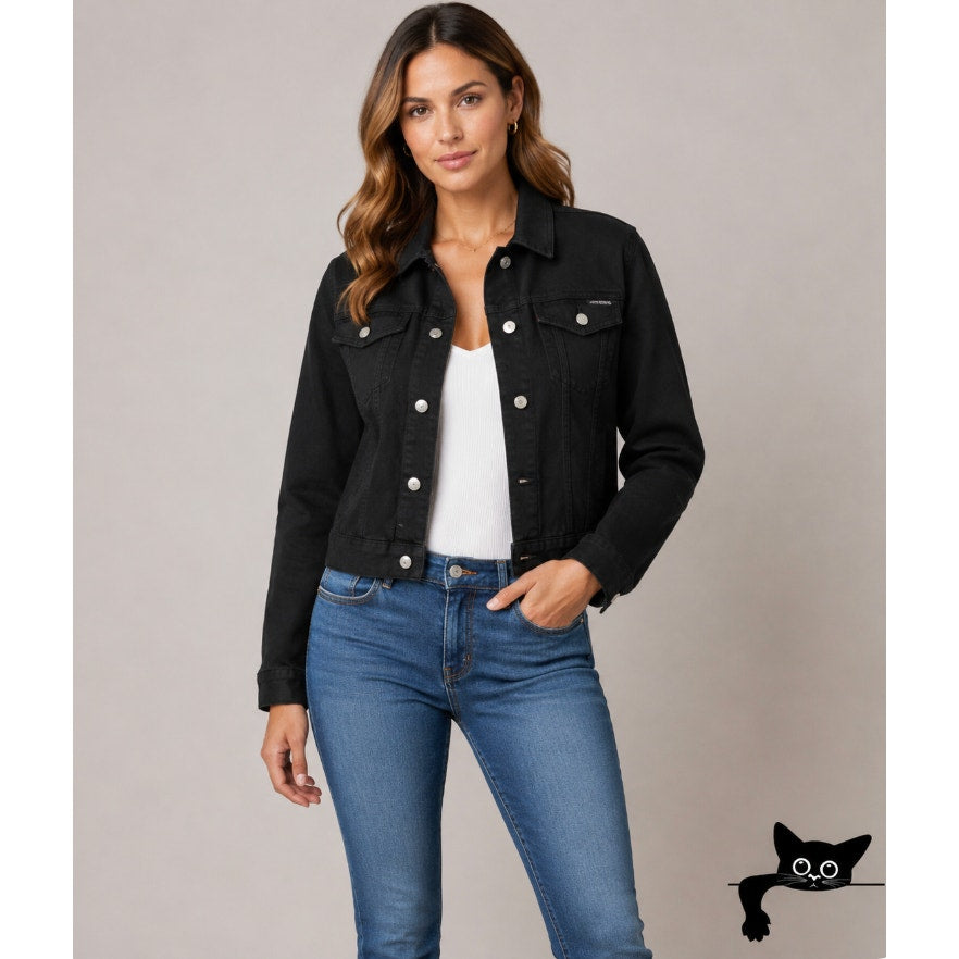 Calvin Klein Jet Black Denim Silver Button Front Collared Crop Jean Jacket M