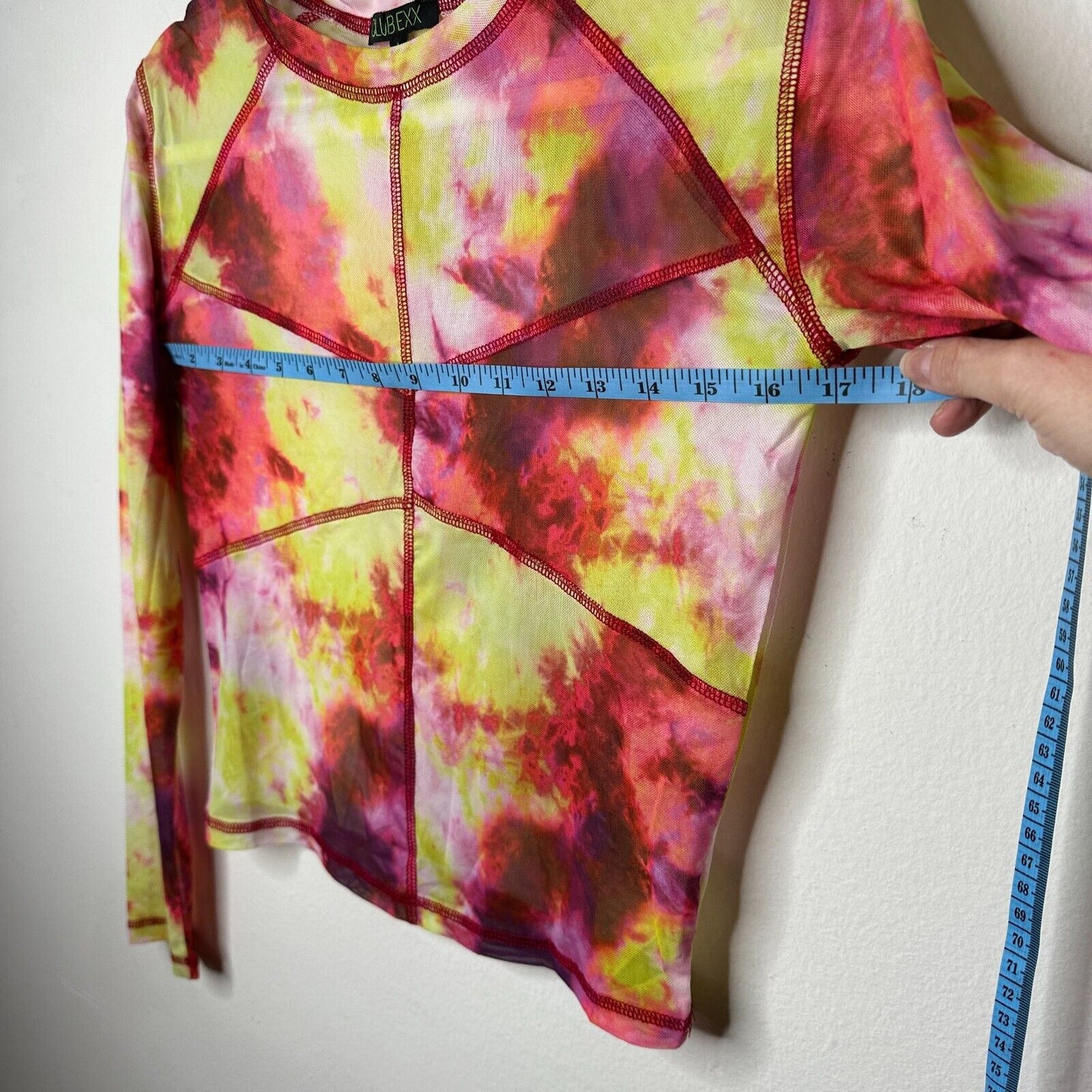 Club Exx Long Sleeve Mesh Crop and Matching Mini Skirt Tie Dye Pink Yellow Red L