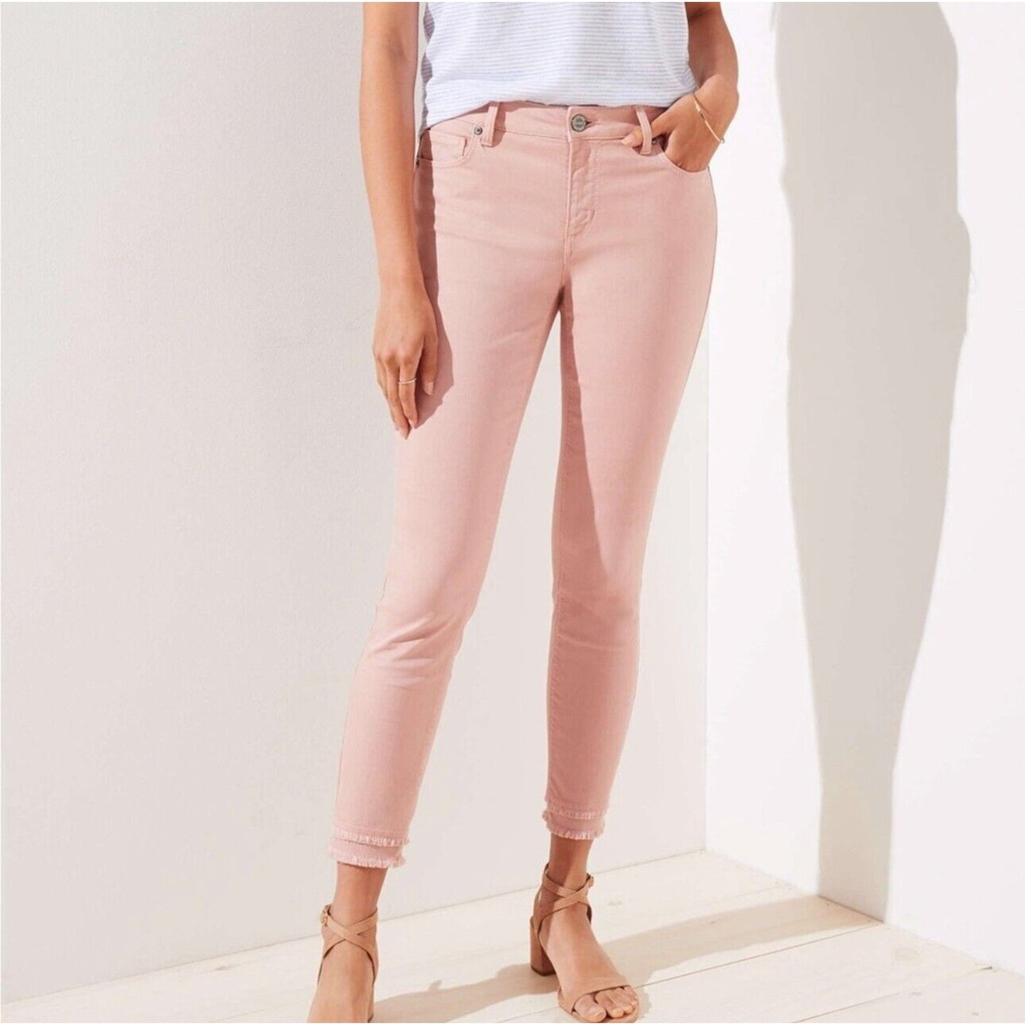 Loft Pastel Pink Peach Cute Double Frayed Skinny Crop Pant Chino Zip 00P
