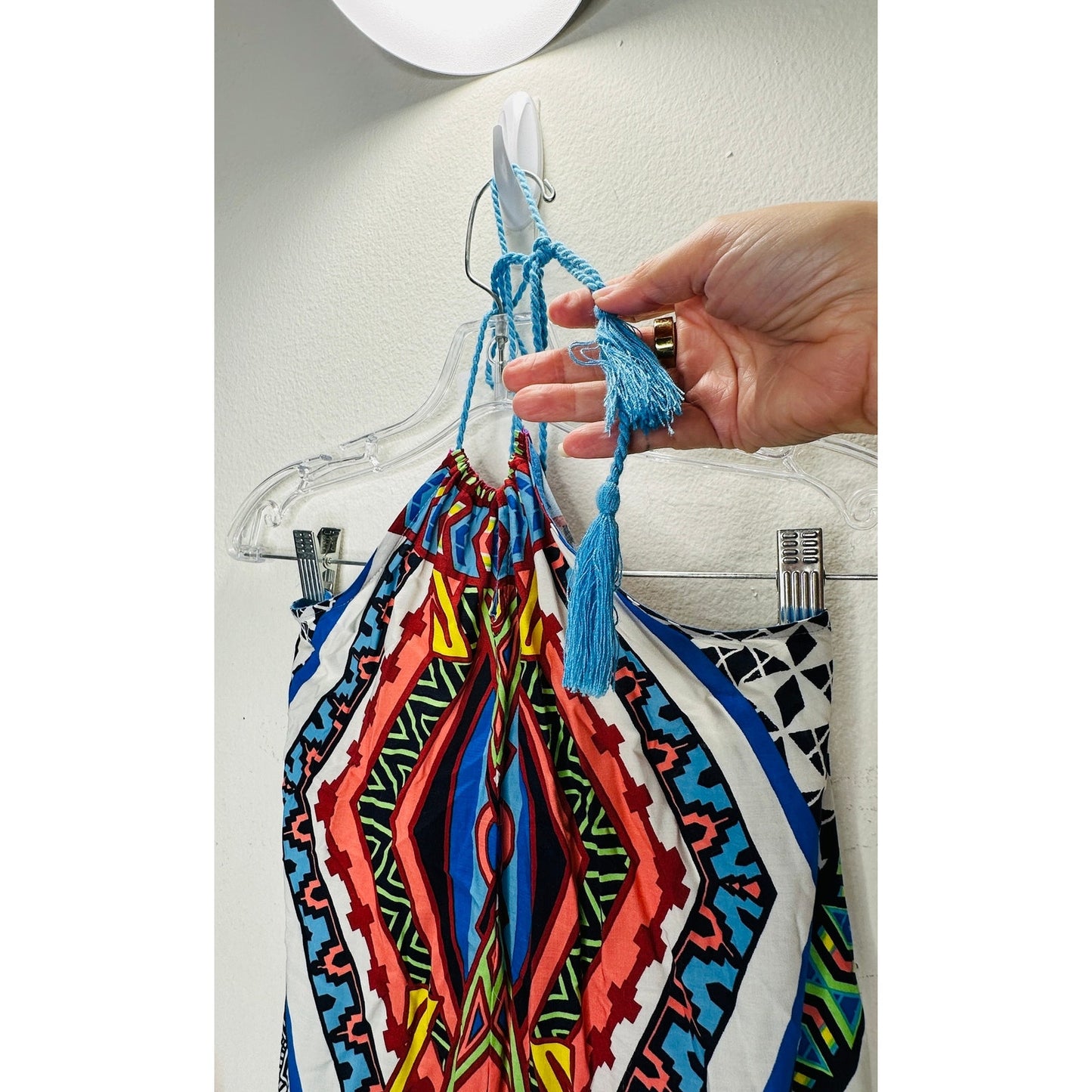 Sugarcloth White Blue Peach Multicolor Tribal Halter Maxi Dress
