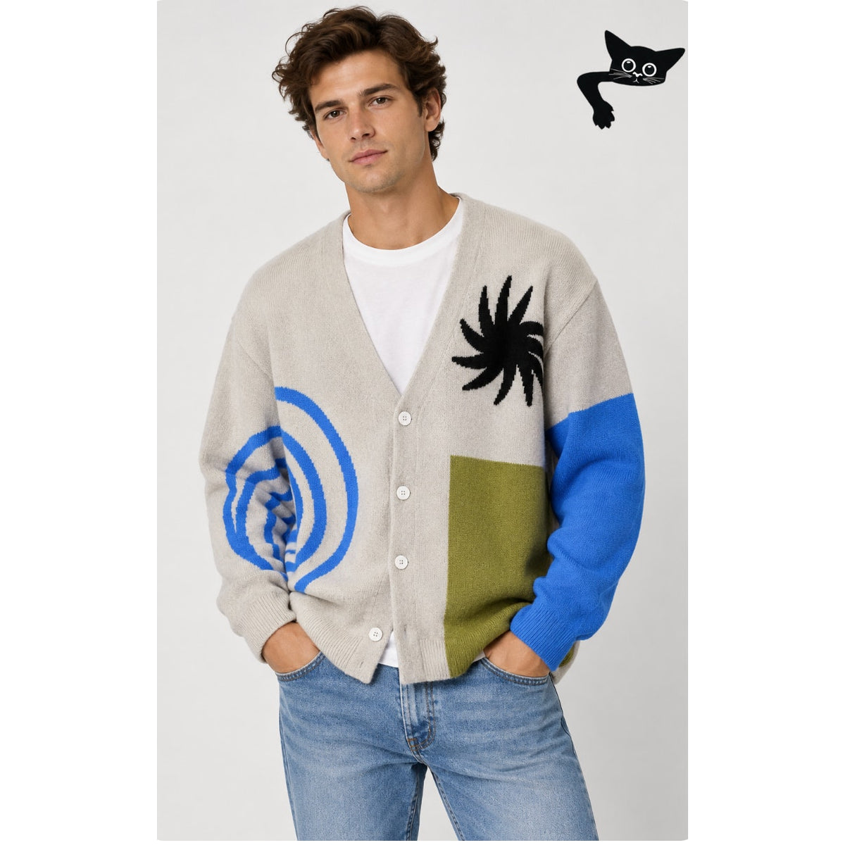 The Elder Statesman Tan Blue Green Block & Spiral Cashmere Cardigan L