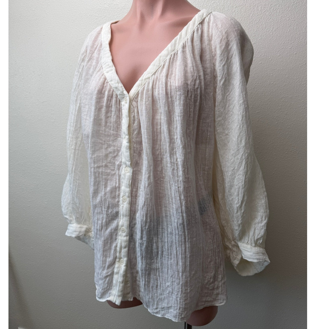 Zara Cream Linen Blend Crinkle V-Neck Boxy Button Front Boho Blouse M/L