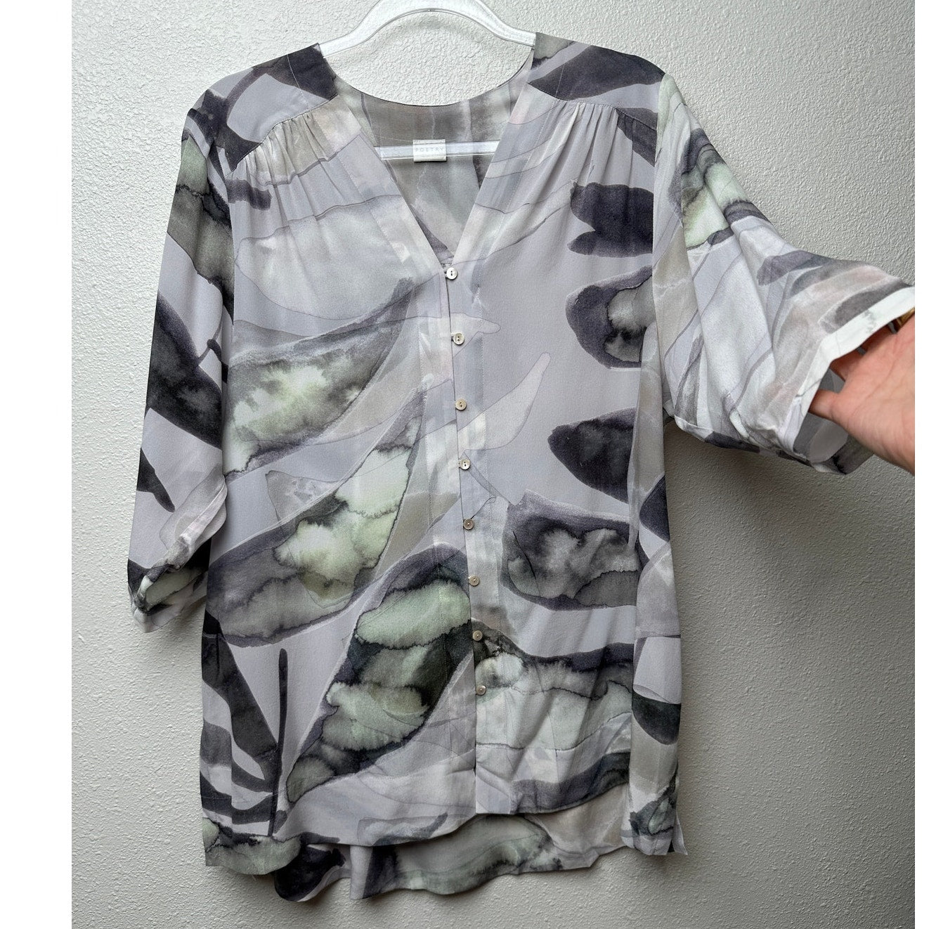 Poetry 100% Silk Blouse Gray Green Ivory Womens US 10 V Neck
