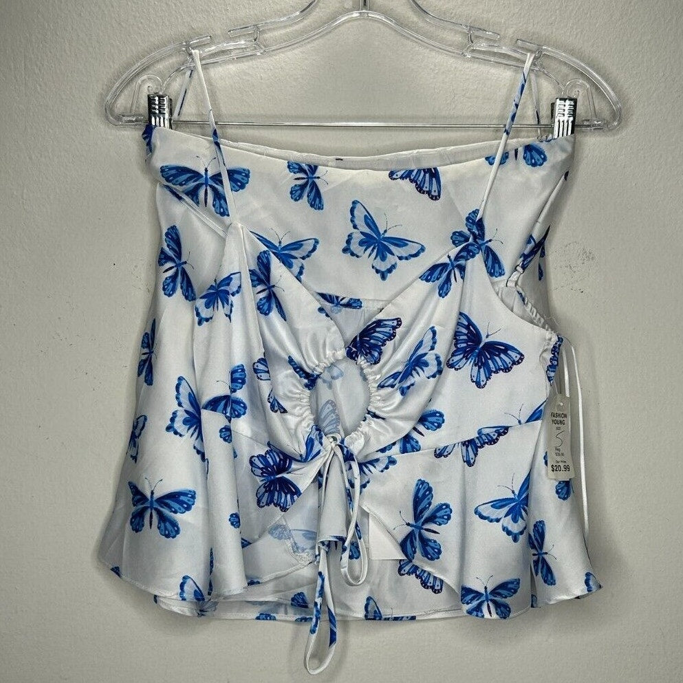 NWT Satin White & Blue Butterfly Print 2-Piece Set Crop Top & Mini Skirt