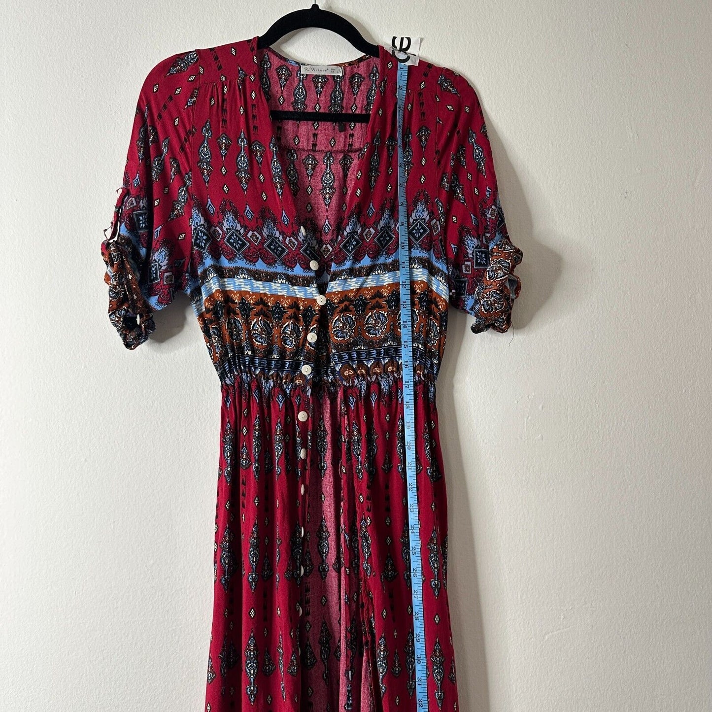 R. Vivimos VNeck Roll Tab Sleeve Button Front Paisley Dress Red Blue Multi Small