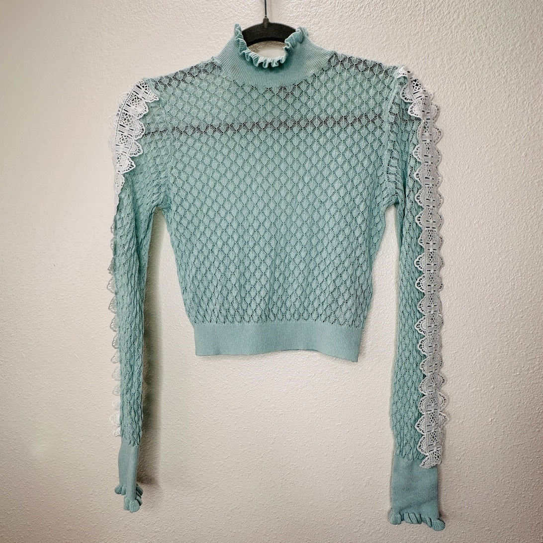 ZARA Aqua Crochet Knit White Lace Stripe Ruffle Neck  Crop Sweater S
