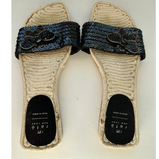 Rafe New York Black Sequin Butterfly Espadrille Slide Sandal Shoes 38 / 7.5