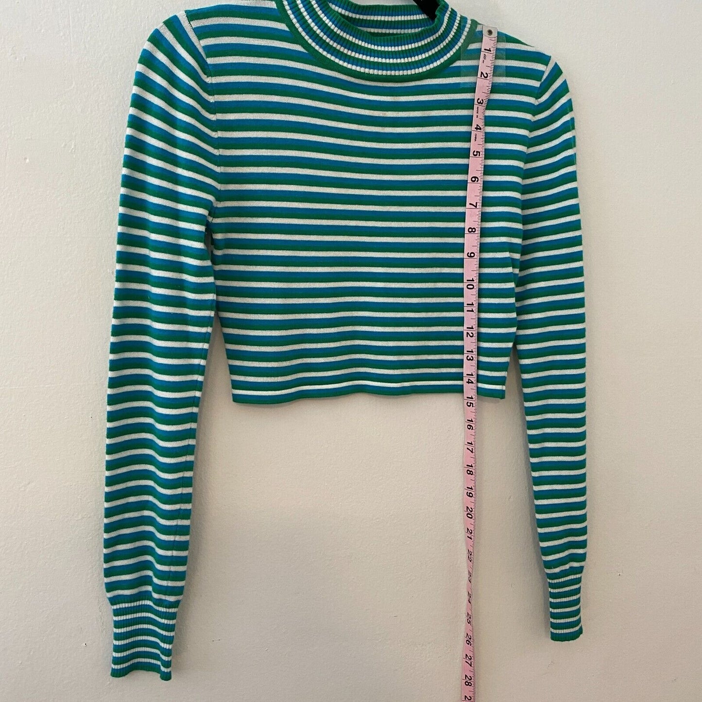Silence + Noise Blue Green Striped Cropped Mock Long Sleeve Knit Top S