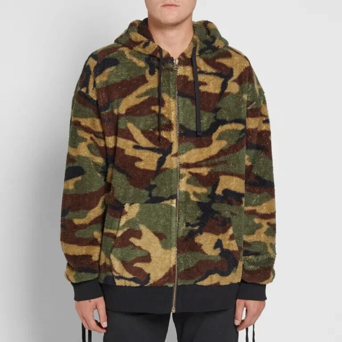 Faith Connexion Camo Sherpa Zip Hoodie Jacket Split Kangaroo Pocket Lace Side SM