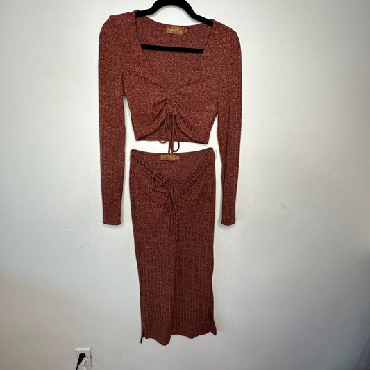 Beige Botany Rust Copper 2-Piece Ribbed Knit Skirt + Long Sleeve V Neck Top M
