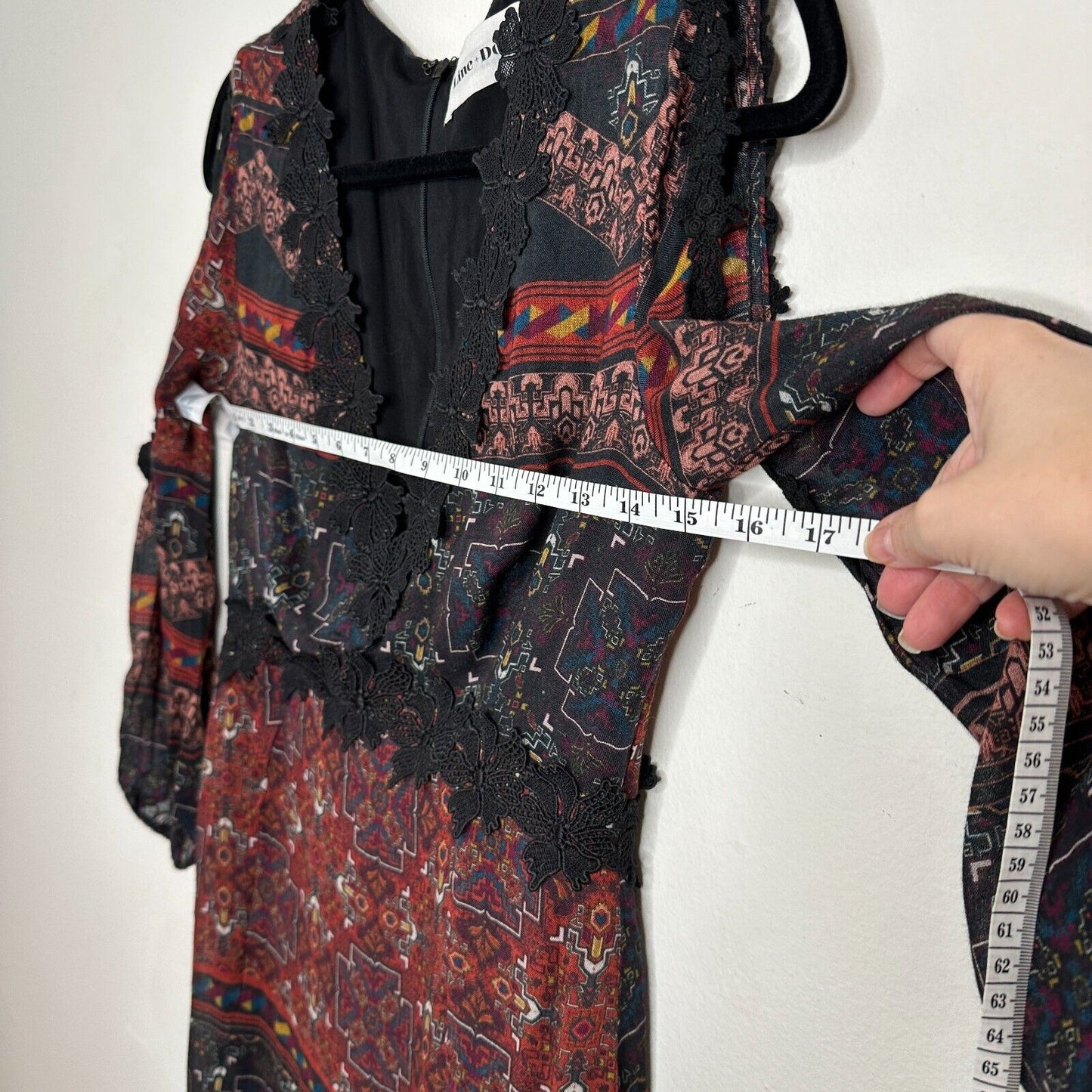 Line & Dot Black Rust Aztec Lace Trim Slit Maxi Cold Shoulder Long Sleeve M