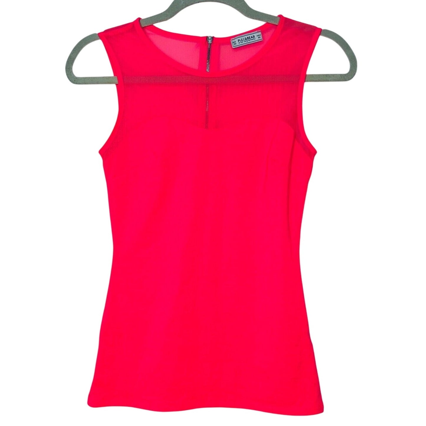 Pull & Bear Florescent Pink Sleeveless Cotton and Sheer Mesh Top Back Zip XS