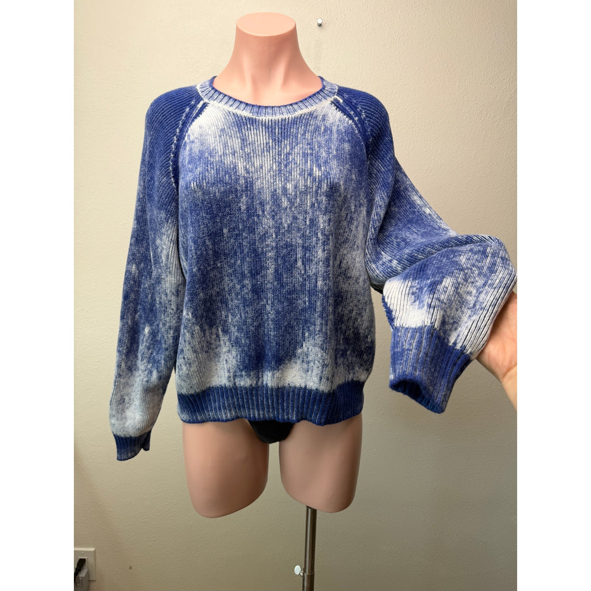 Electric&Rose Blue Ivory Acid Wash Raglan Knit Sweater Women