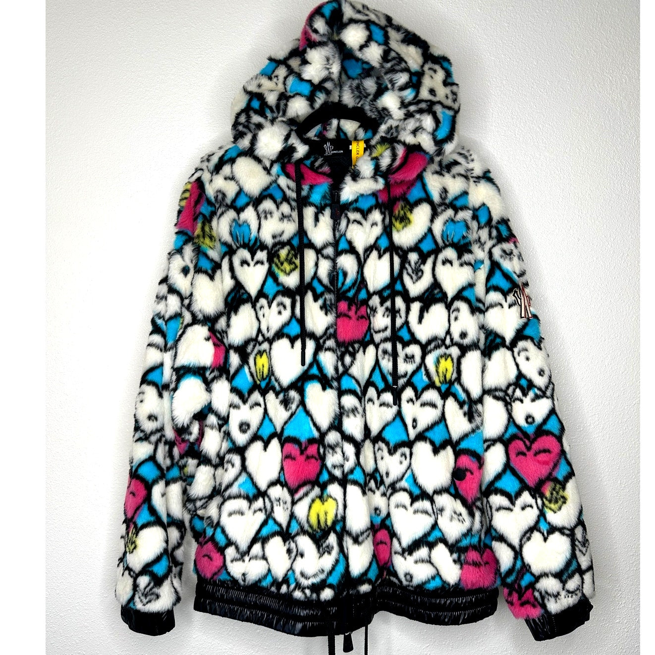 Moncler Grenoble White Heart Print Faux Fur Fuzzy Oversized Hoodie Jacket Large