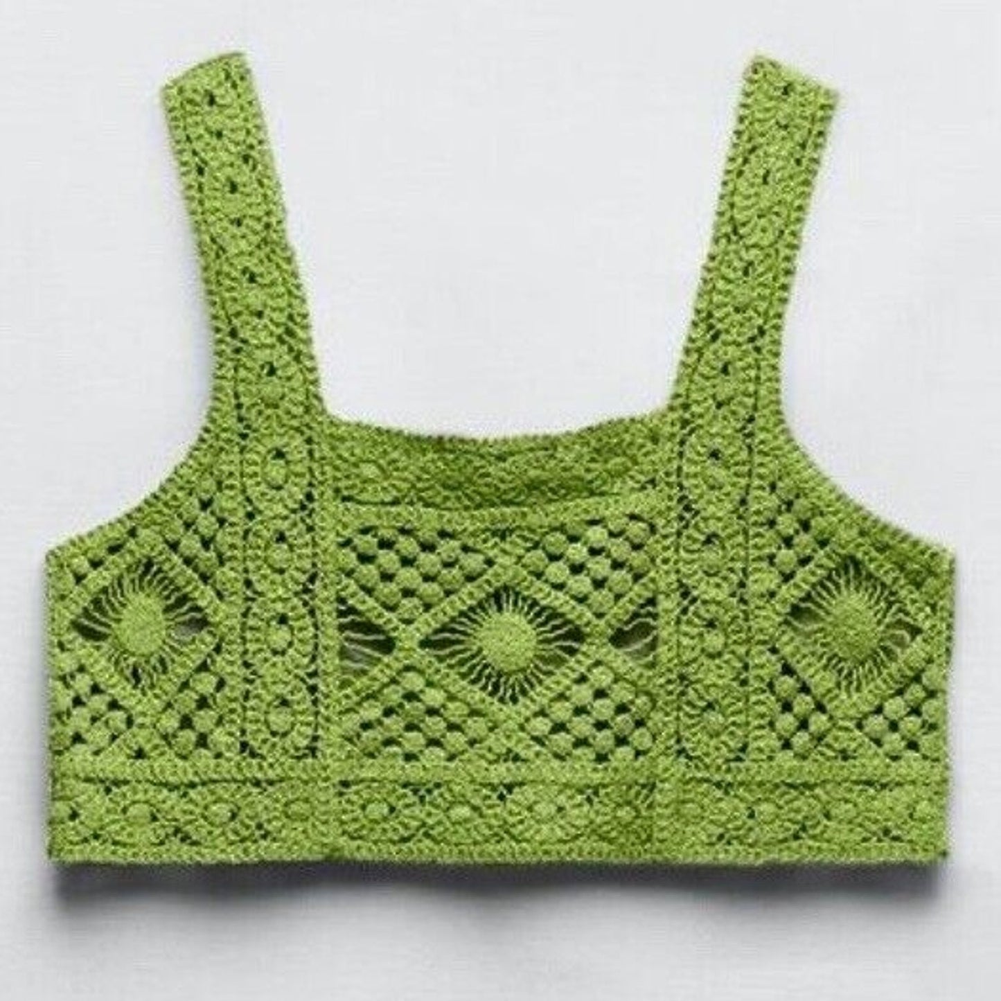 NWT Zara Cute Boho Lime Green Square Neck Boxy Crochet Crop Tank Top Small