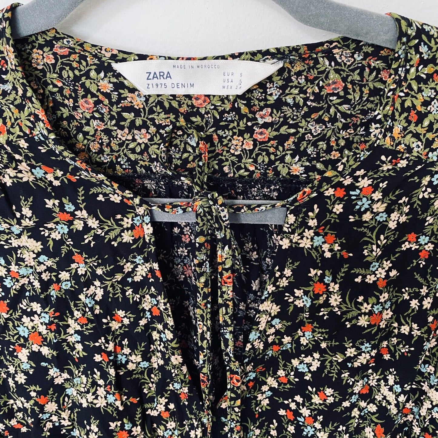 Zara Peasant Boho Black Multi Floral Tiered Ruffle Mini Sundress Tie Front Small