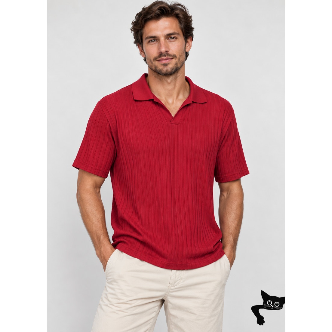 Men’s Red Ribbed Knit Polo Shirt Short Sleeve Size L