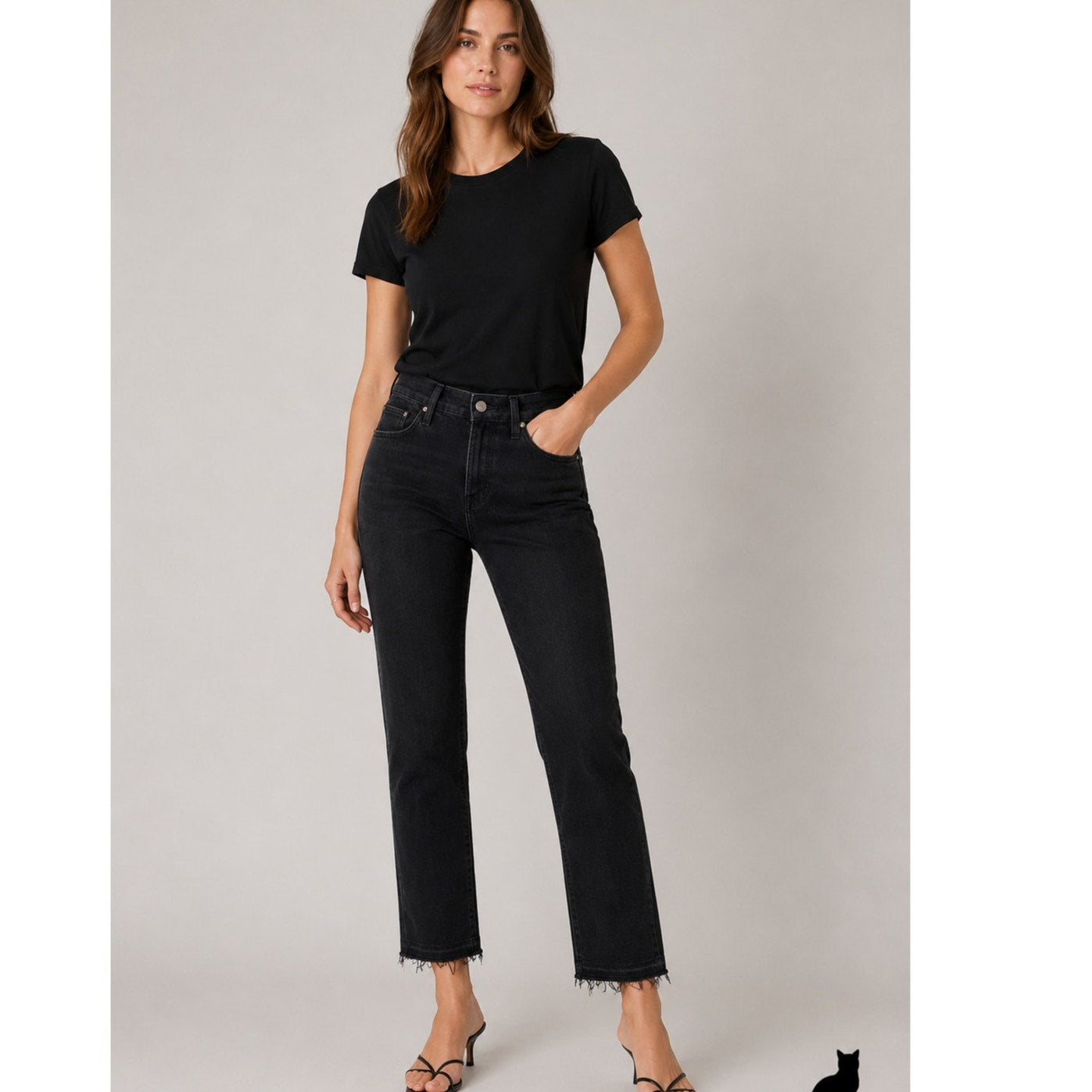 NWT Frame Le High Straight Jeans Black Raw Hem Women's 27