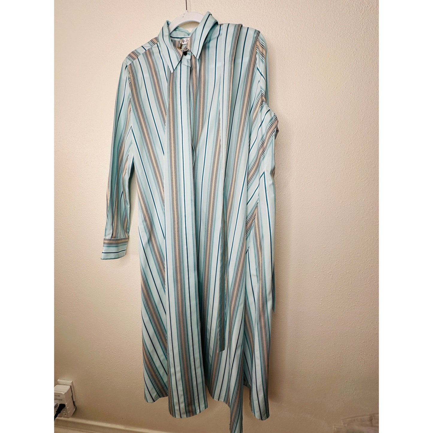 NWT Loro Piana Teal White Brown Stripe Front Button Tie Sash Wrap Dress XL