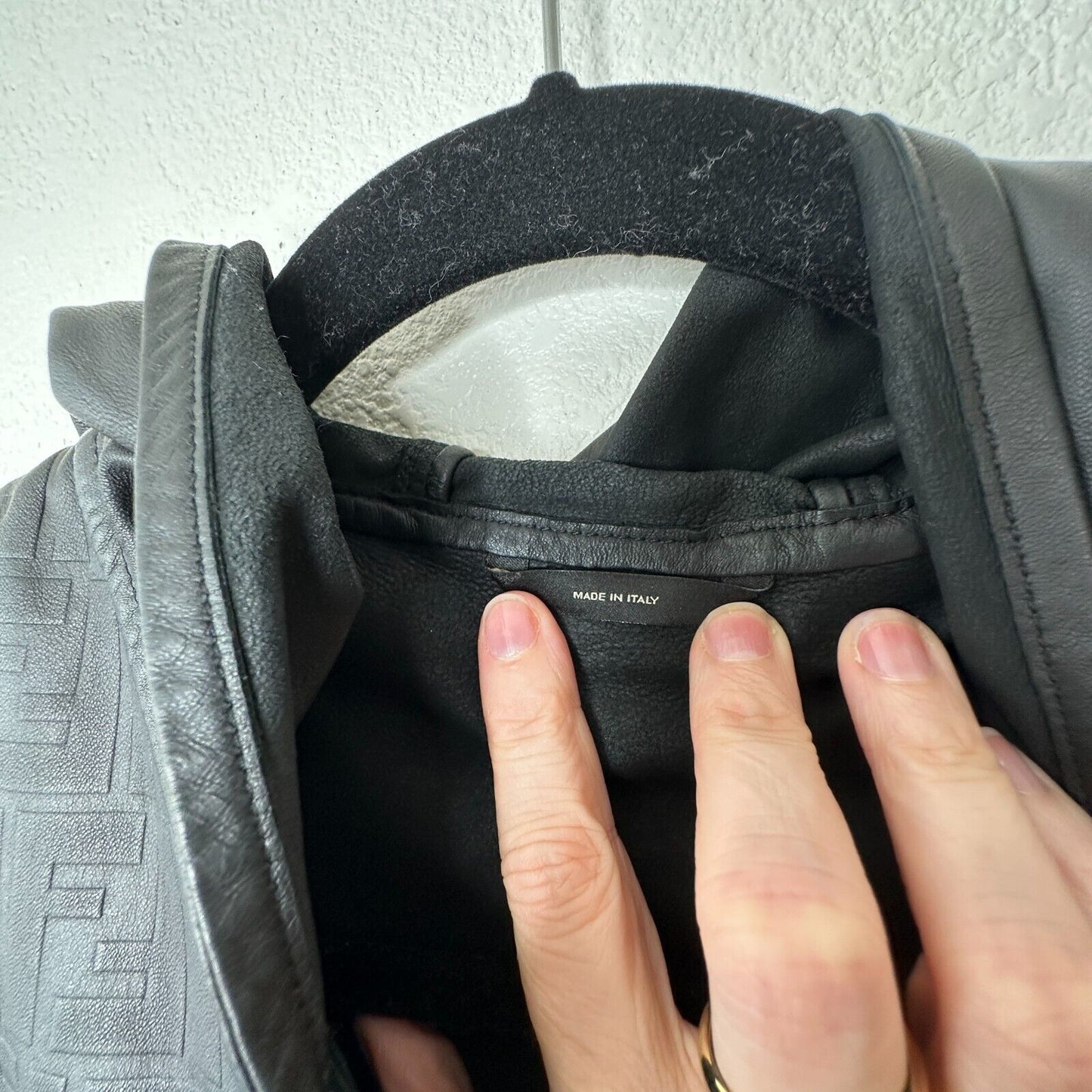 Fendi Black Soft Leather Fendi Embossed Monogram Front Long Sleeve Hooded Jacket