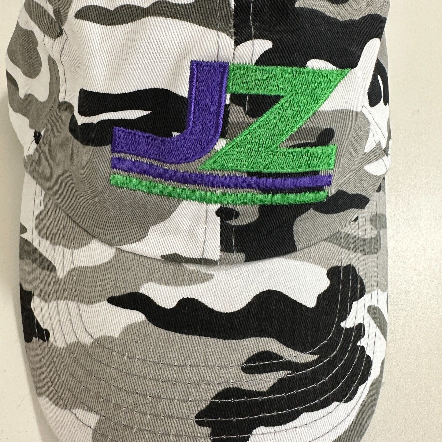 JZ Black Gray White Camo 100% Cotton Adj Baseball Cap Purple and Green JZ Logo
