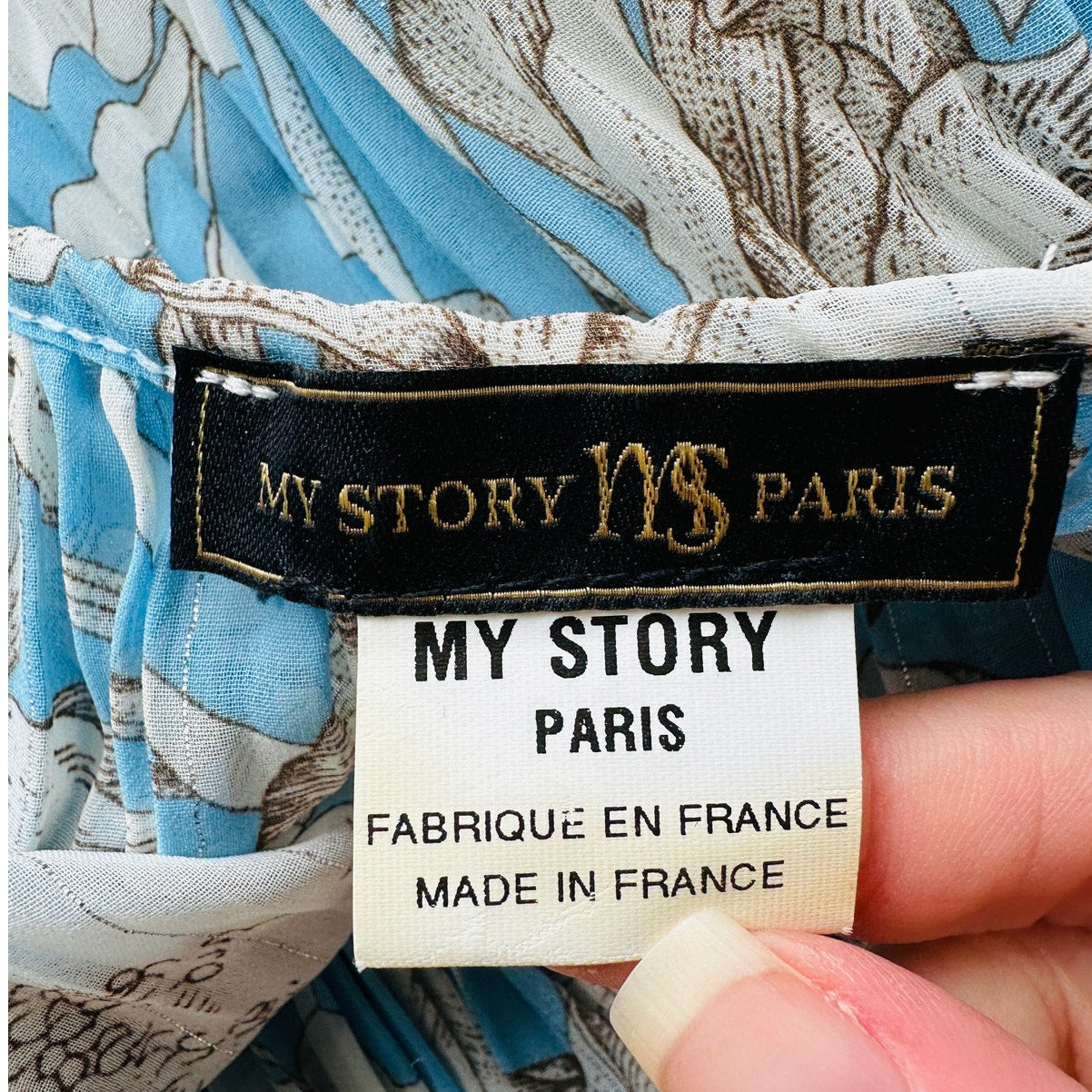 My Story Paris Cream & Blue Accordian Pleat 3/4 Sleeve Blouse S