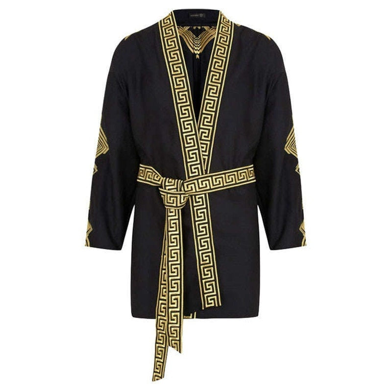 Versace Belted Gold Embroidered Black Wool Blend Kimono Jacket M