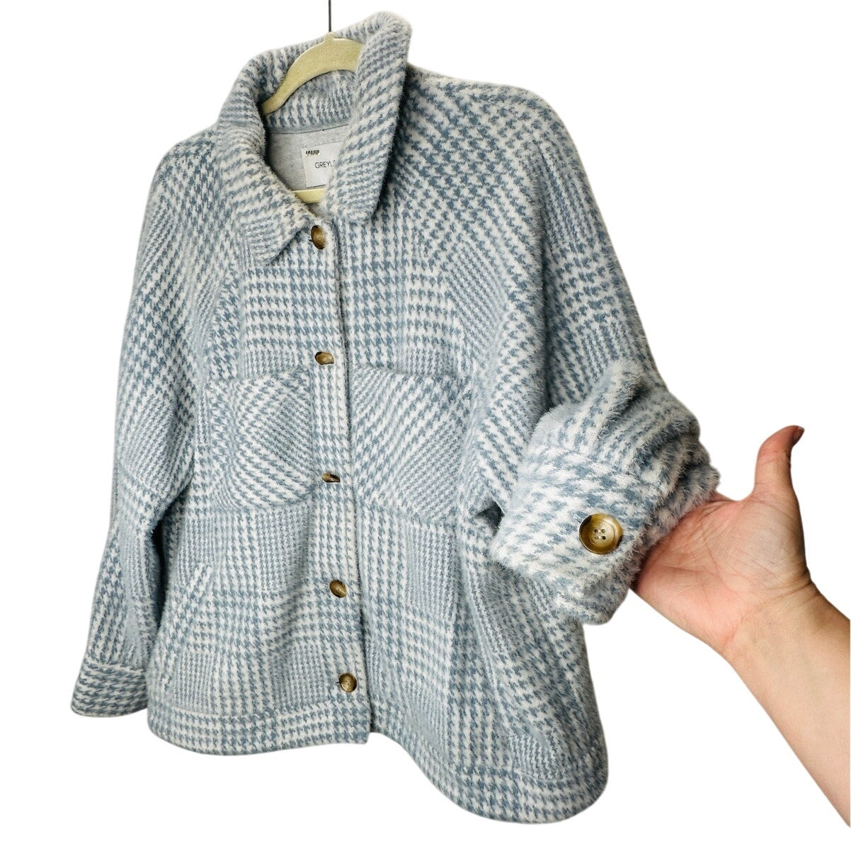Greylin Blue & White Houndstooth Check Plaid Button Front Collared Jacket L