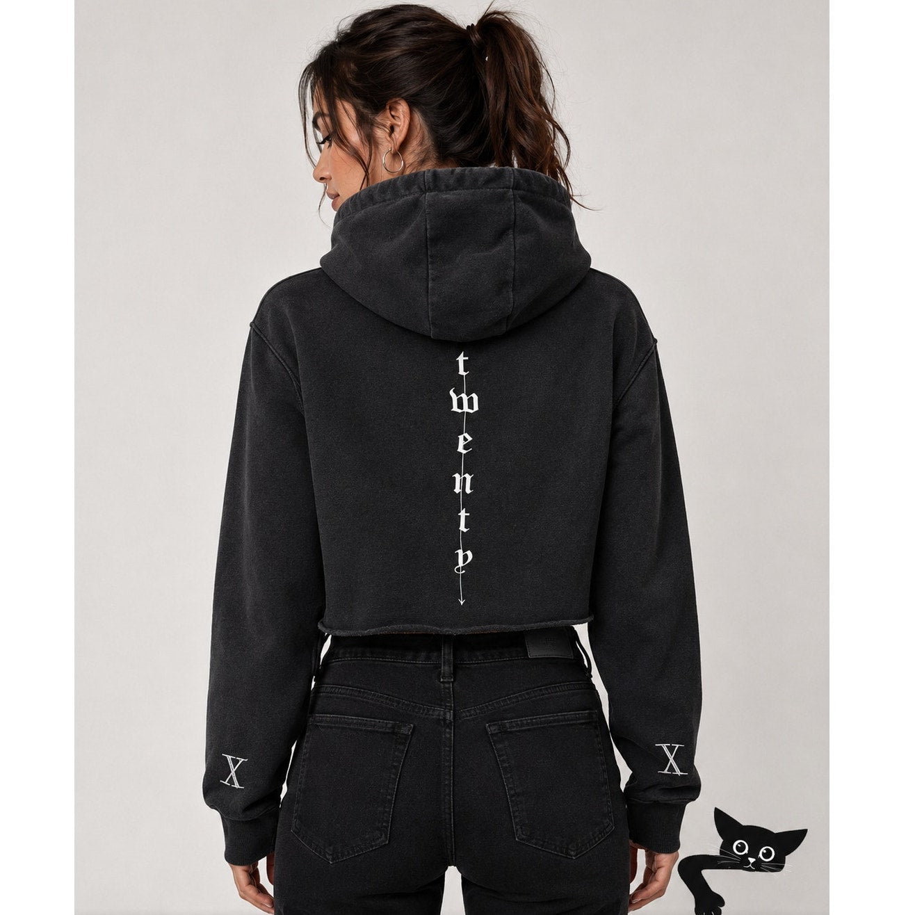 Woo Twenty Black Hooded Cropped Raw Hem Long Sleeve Twenty Graphic Hoodie XS