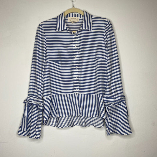 Artelier Blue and White Stripe Collar Button Down Bell Tie Sleeve Blouse XS