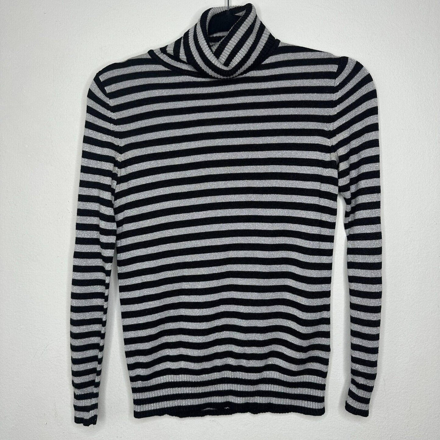 Joseph A. Silver & Black Stripe Metallic Knit Turtleneck Long Sleeve Sweater PP