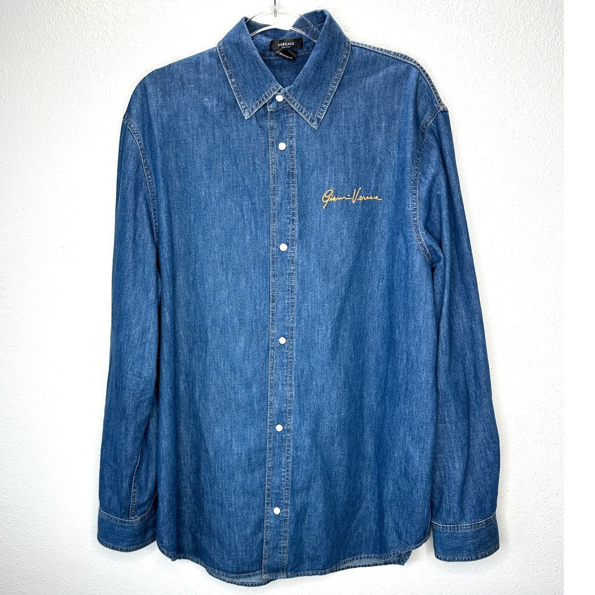 Versace Blue Denim Long Sleeve Pearl Snap Yellow Versace Logo Shirt 41 / Medium