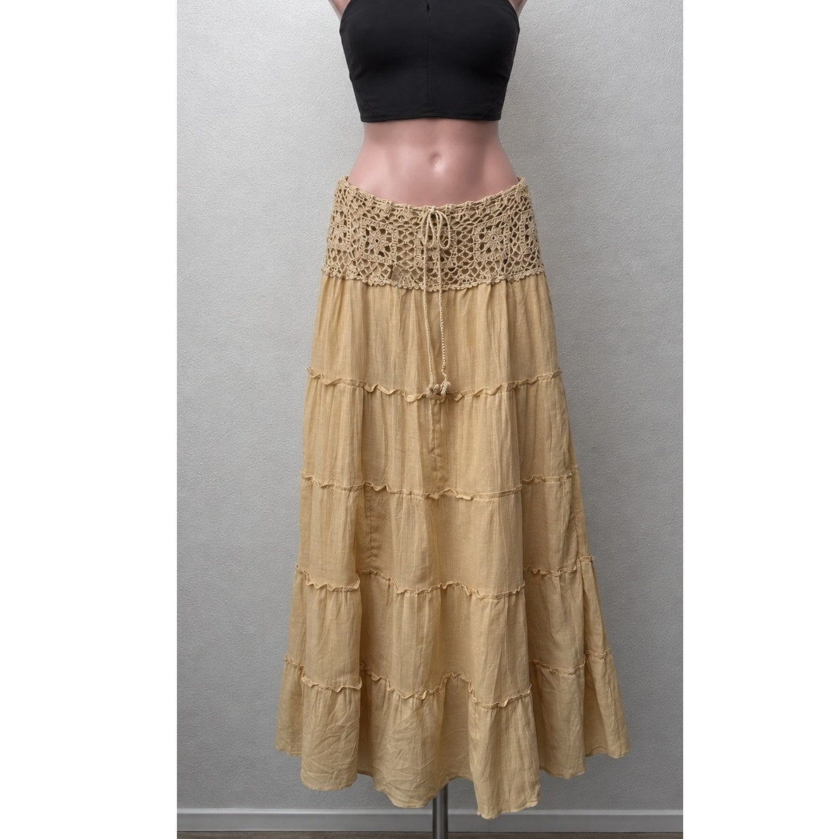 GUC Beige Crochet Waist Cotton Tiered Maxi Skirt Women