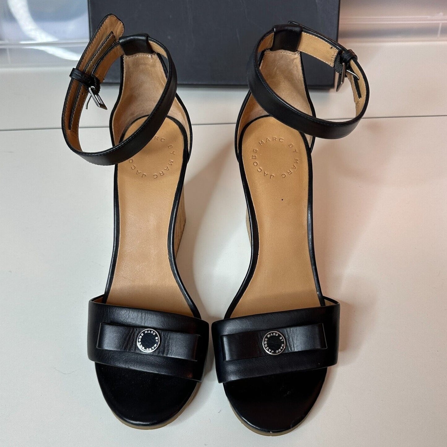 Marc by Marc Jacobs Black Leather & Cork Wedge Ankle Strap Sandals Silver 7.5