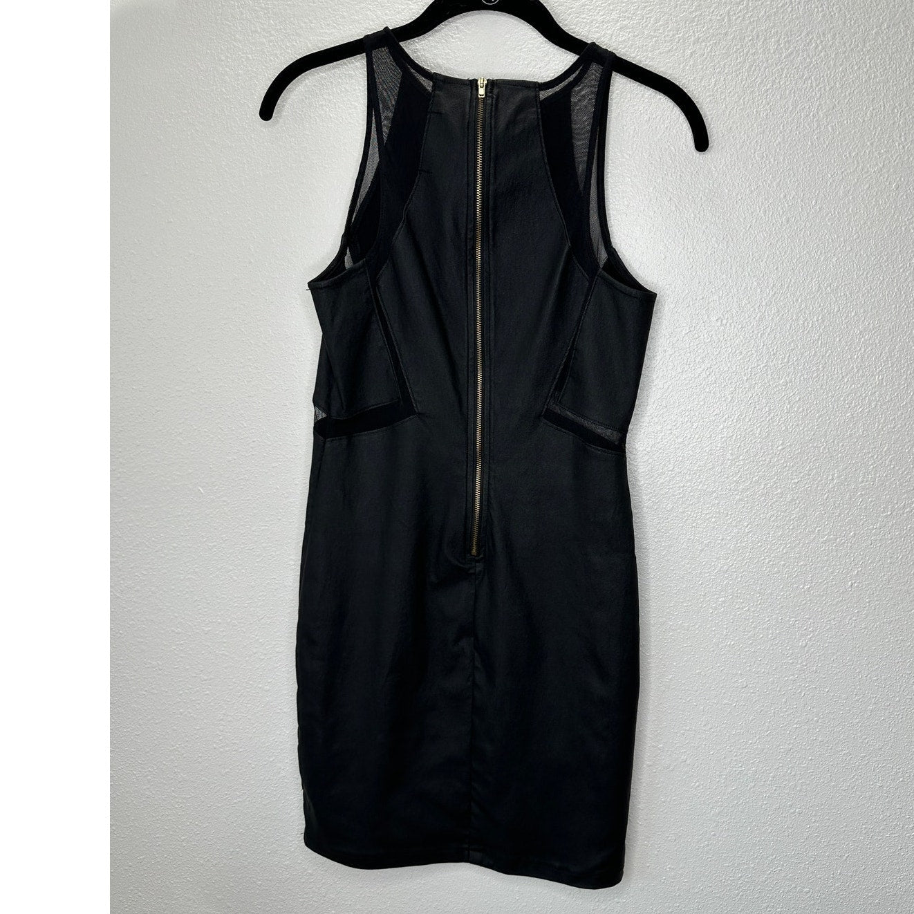 ANGL Black Stretch Faux Leather Mesh Cutouts High Neck Sleeveless Dress M