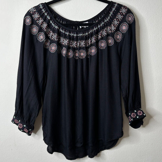 Velvet By Graham & Spencer Eva Black Peasant Top Pastel Embroidered Neck XS