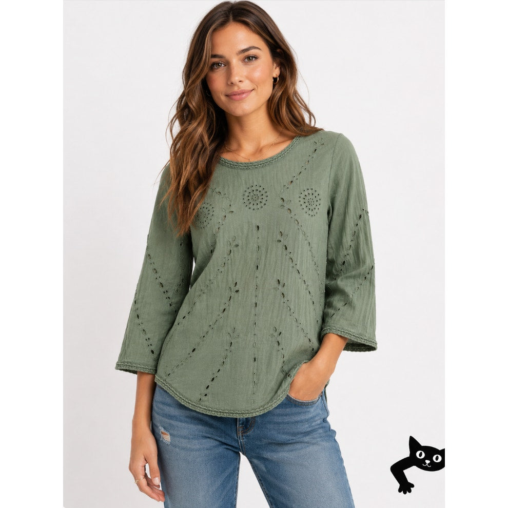 Gap Olive Green Embroidered Eyelet 3/4 Sleeve Crew Neck Blouse Top XS