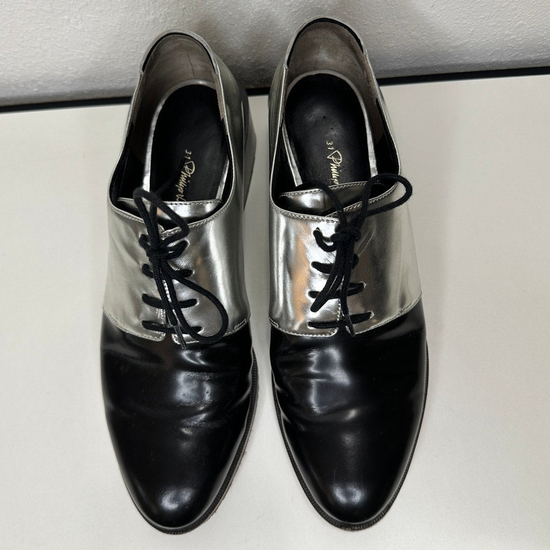 3.1 Phillip Lim Jillian Metallic Silver Shiny Black Oxford Tie Shoe 38 / 7.5