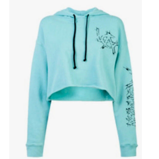Post LA Adaptation Aqua and Black Graphic Long Sleeve Crop Hooded Sweater Small