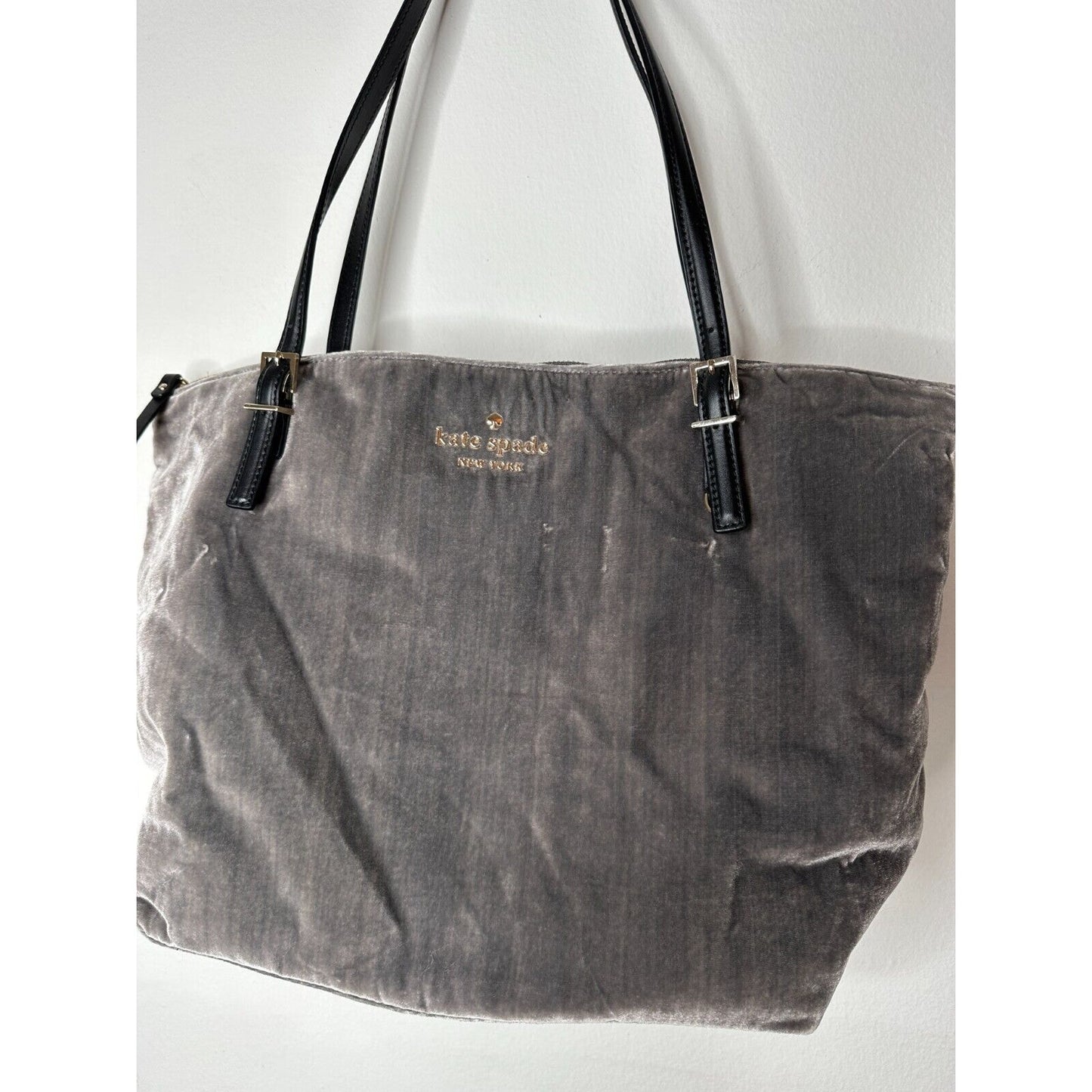 NWOT Kate Spade Dark Gray Kona Dawn Place Velvet Leather Handle Tote Bag L